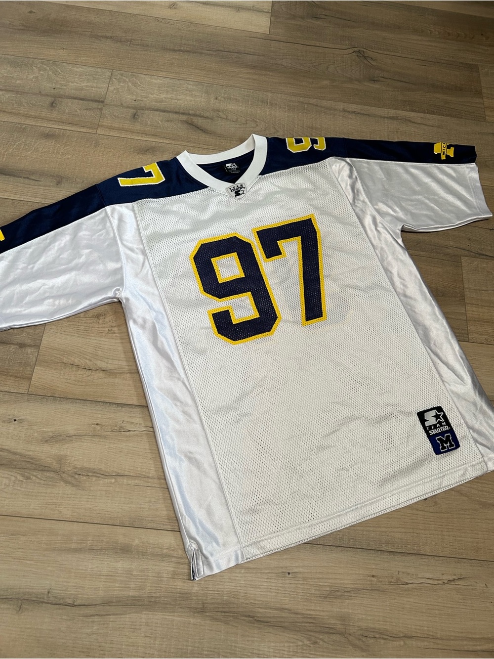 Vintage NCAA Michigan Wolverines Starter White & Navy Number 97 Football Jersey